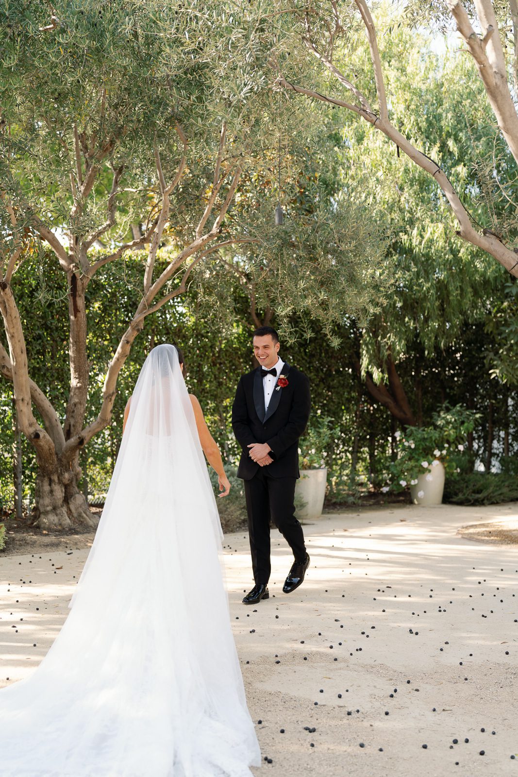 newlyweds smiling under an olive tree during their first look, which was part of their wedding day timeline. 
