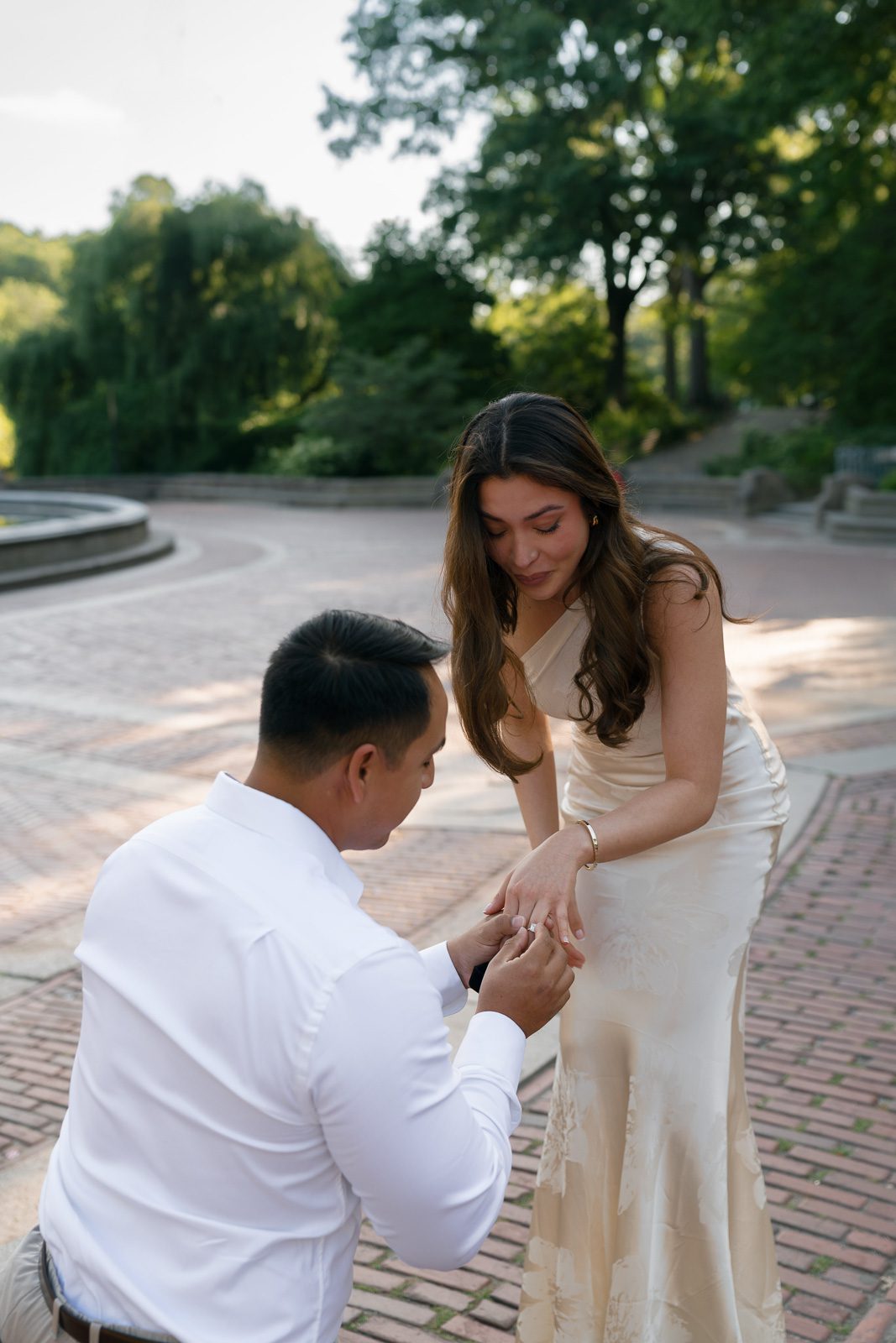 boyfriend putting an engagement ring on his girlfriend in front of bethesda fountain. 