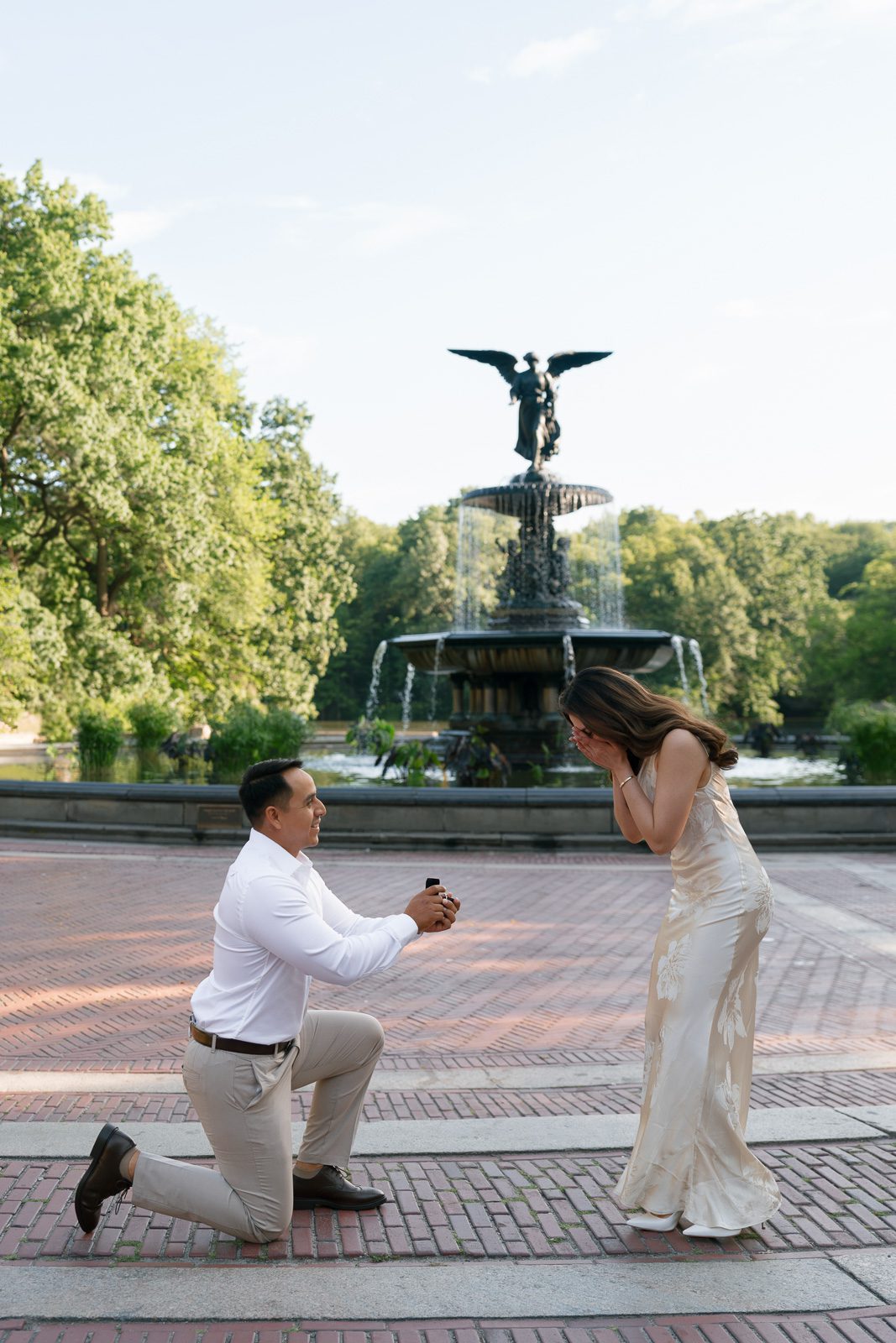 boyfriend proposing to his girlfriend in bethesda terrace. 